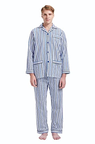 GLOBAL Men's Traditional Cotton Flannel Pyjama Set,Blue Stripes 4,M