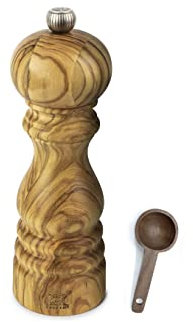 Peugeot Paris Olivier Coffret cadeau moulin à sel en bois d'olivier avec pelle en bois (17,8 cm, moulin à sel avec cuillère)