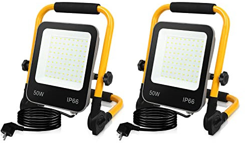 Ikodm Projecteur de Chantier LED, 2PCS 50W Portable Lampe de Chantier 5100LM 6000K Blanc Froid Eclairage Extérieur LED avec Support Pliable, étanche IP66 avec câble 3M pour Garage Chantier