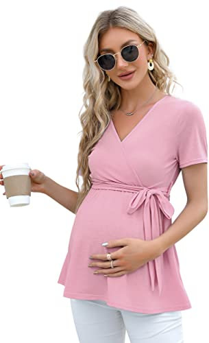 KOJOOIN Damen Stillshirt Schwangerschaftsshirt V-Ausschnitt Umstandsshirt Kurzarm Nursing Tops mit Gürtel Rosa(Kurzarm) M