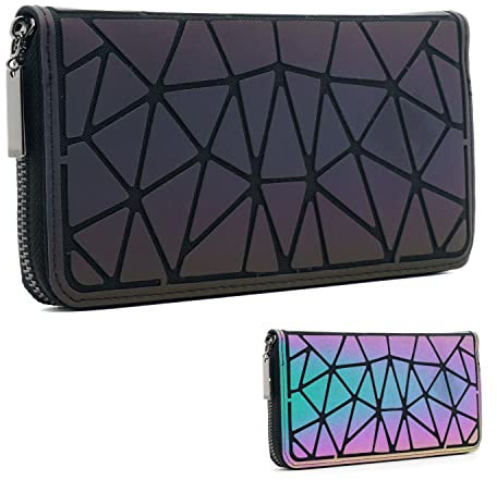 CAFINY Portafoglio geometrico luminoso per donne borsa clutch con cerniera olografica riflettente con più compartimenti e tasca per monete