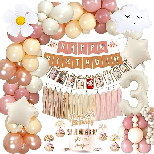 Geburtstagsdeko 3 Jahre, Boho Retro Rosa Luftballons für Deko Kindergeburtstag, 3. Geburtstag Mädchen mit Happy Birthday Banner, Folienballons 3, Papierquasten, Deko 3. Geburtstag Mädchen