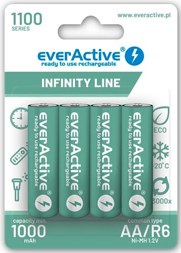 everActive Batteria AA 1100 mAh 4 pezzi, NI-MH, Mignon R6, ricaricabile, precaricata, Infinity Line 1,2 V, 1 blister, verde, EVHRL6-1100
