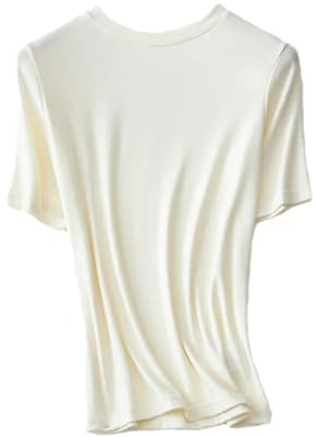Women Bottoming Tee Wool Blend Short Sleeved Solid Basic T Shirt Mock Neck Top Cream White O S