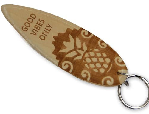 AXLorange Mini Surfbrett Hawaii Schlüsselanhänger aus Holz, mit Schriftzug, ca. 10 x 3,2 cm (Good Vibes Only)