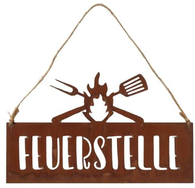 Boltze Home Deko Schild Rost mit Spruch Feuerstelle 30 * 18 cm Deko für Terasse Garten Metallschild aus Edelrost mit Henkel zum Aufhängen Deko Geschenk für Wohnzimmer Sommergarten Grillen