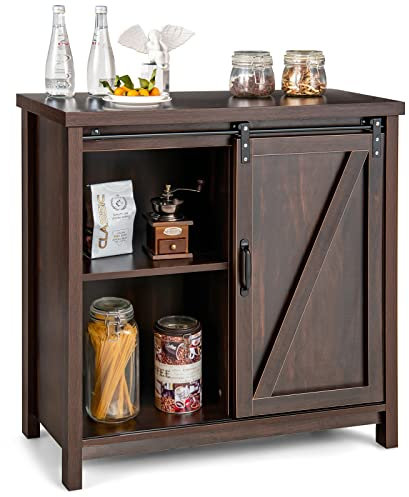 COSTWAY Meuble Cuisine Rangement, Buffet, Armoire Cuisine avec Porte Coulissante Grange, 4 Compartiments, Meuble Bar Industriel pour Salon, Entrée, Marron