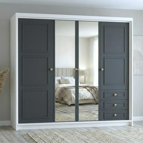 A&J MöbelLand Oslo Kleiderschrank 4-türig mit 3 Schubladen – 200 x 215 cm – Drehtürenschrank mit Kleiderstange und Einlegeböden, Modernes Design mit Metallgriffen