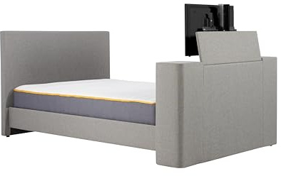 Uniquewise Furniture Plaza Fabric TV Bed Frame Grey with Remote Lift Mechanism & Sprung Slatted Base – 4ft6 Double & 5ft King Size, Upholstered TV Bed (King Size 5ft)