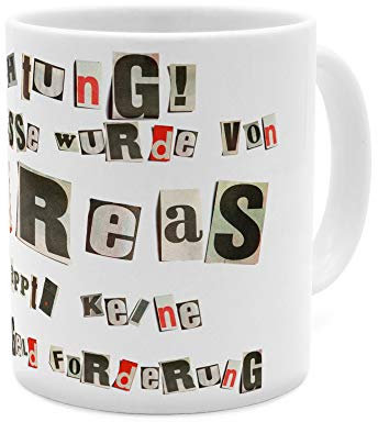 printplanet Tasse mit Namen Andreas - Motiv Ausgeschnittene Buchstaben - Namenstasse, Kaffeebecher, Mug, Becher, Kaffeetasse - Farbe Weiß