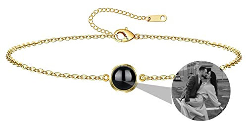 Nergaebe Benutzerdefiniertes Foto Armband für Frauen - Personalisiertes Projektion Armband Mit Bild im Stein - Sterlingsilber Kreis Kundenspezifisches Design