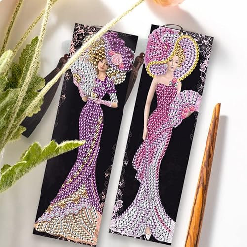 DCIDBEI Diy Diamond Painting Lesezeichen Damen, 2er-Set Diamant-Stickerei, Diamant-Kunst, Überraschung, Diamant Painting Bild, Geschenk für Geburtstag, Weihnachten (Frau im Violett und Rosa Kleid)