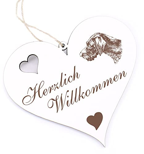Herzlich Willkommen Schild - Deutsch Drahthaar - Deko Herz Holz Willkommensschild Türschild Dekoschild Türdeko