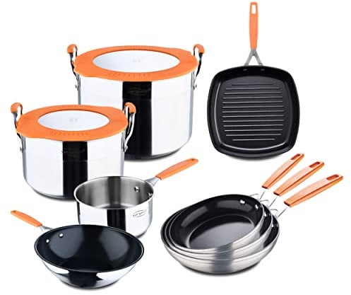 San Ignacio Compact - Juego De Ollas y Sartenes de 10 piezas - Fabricadas en Acero Inoxidable - Batería de Cocina de 10 Piezas - 2 Ollas con Tapa - 1 Cacerola - 1 Asador - 1 Wok - 3 Sartenes