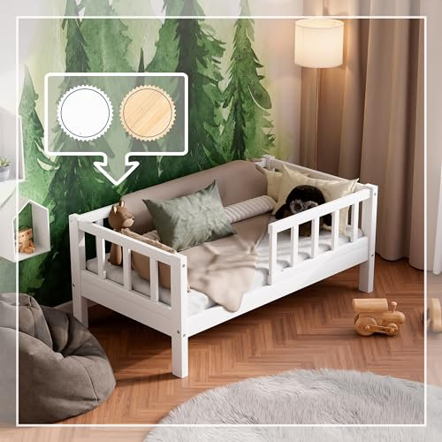 RIVERBANK Kinderbett 70x140 mit rausfallschutz. (weiß) Kleinkind Jugendbett Massivholz Kiefer Bettgestell mit Lattenrost & Stauraum. Kinder Bett für Mädchen oder Jungen.