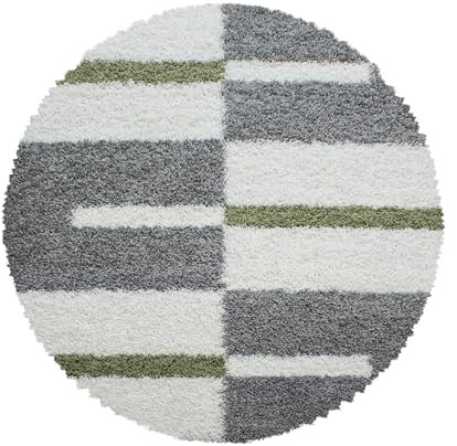 HomebyHome Teppich Rund Shaggy 120 cm Rund - Hochflor Runder Teppich Grau, Weiss und Grün Extra Weich und Flauschig - Bettvorleger Teppich für Wohnzimmer, Schlafzimmer, Küche, Flur - Carpet, Halı