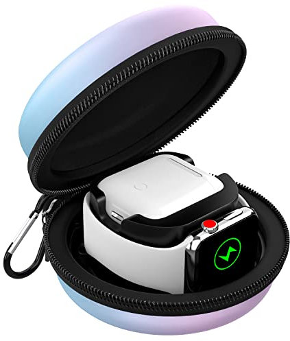 MoKo Ladetasche Kompatibel mit Apple Watch Ultra1/2, Series 10-1/SE/SE2, Airpods Pro/3/2/1, Tragetasche Reisetasche Schutzbox mit Karabiner, Aufbewahrung Ladestation Ständer Halterung,FarbBuLila