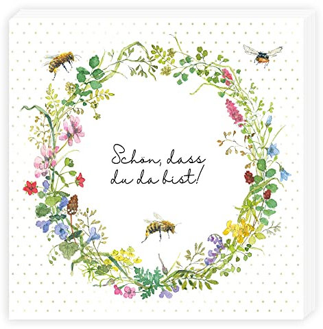 Servietten, 20 Stück (33 x 33 cm) FSC - Bienen, Frühling, Blumenkranz, Grün, für Gartenparty oder Geburtstag, Ostern, Taufe