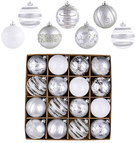 Valery Madelyn Weihnachtsbaumschmuck-Set, 16 Karat, 8,9 cm, weiß/silberfarben, bruchsicher, Weihnachtsbaumschmuck, elegante hängende Kugel-Ornamente, Weihnachten, Urlaub, Hochzeit, Party-Dekoration