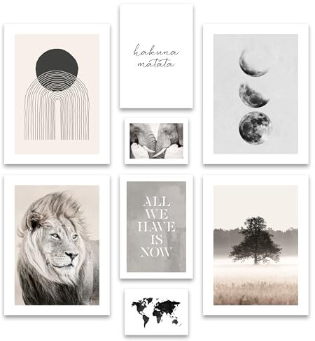 ARTFAVES® Poster Set - BEIGE WILDERNESS - mehrteilige Wanddeko Wohnzimmer & Schlafzimmer - 8 moderne Wandbilder Abstrakt, natur, beige, braun, Afrika, Löwe, Mondphasen - ohne Bilderrahmen