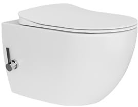 Furni24 Spülrandloses Wand-WC mit Toilettendeckel, integrierten Ventil Hänge Dusch Wc Taharet Bidet Taharat Intimdusche inkl. Slim Soft-Close Deckel, Hänge-WC, Bautiefe ist 50cm, weiß