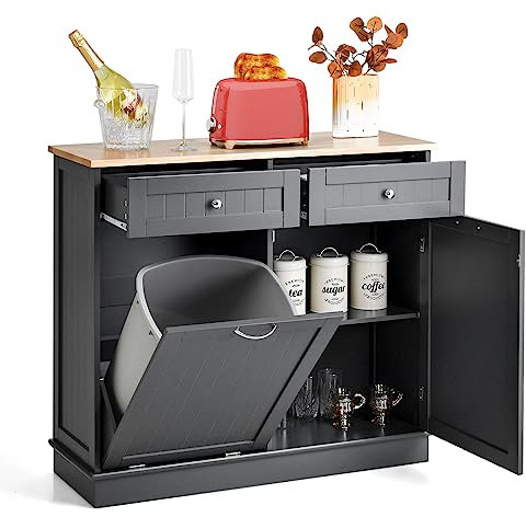 COSTWAY Aparador Auxiliar Armario de Cocina con Soporte para Botes de Basura hasta 42L Mueble de Almacenamiento de Caucho con 2 Cajones y Estante Ajustable Aparador de Cocina para Basura