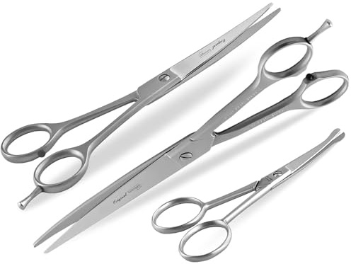 Solinger Premium Hundehaarscheren Fellscheren Set 3-Teiliges Scheren-Set | Solingen Made in Germany Rostfreier Edelstahl Gebogene und mikroverzahnte scharfe Schnittflächen & abgerundeten Scheren Enden