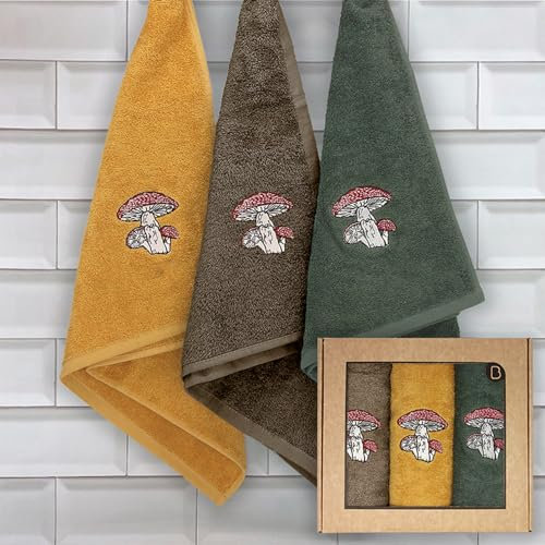 B BARCELOHOGAR Juego de 3 Paños de Cocina Rizo Americano 50x50 cm | 500 gr/m² | Trapos de Cocina Gruesos, Suaves y Absorbentes | Varios Diseños Bordados (Champi, 50x50cm)