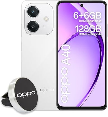 OPPO A40 Smartphone, Fotocamera AI 50MP, Selfie 5MP, Display 6.67” 90HZ LCD HD+, 5100mAh, RAM 12 (6+6) +ROM 128GB (esp1TB), IP54, Supporto Auto [Versione Italia], Starlight White