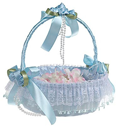 Cestino Vimini Decorativo per Cerimonie, 21x25 cm,con Nastri e Pizzo, Porta Fiori,Lancio di Petali e Bouquet da Sposa Per damigelle (AZZURRO)