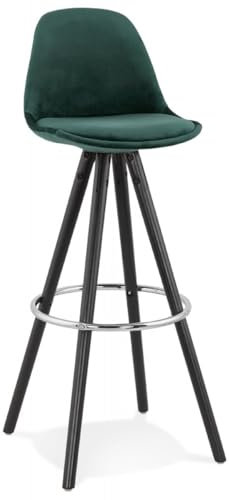 Barhocker mit Tannengrünem Samtsitz | Vintage Bar Stuhl mit Rückenlehne | Retro Küchenhocker mit Fußstütze | Schwarz Grün Design | Buchenholz Beine 75cm Sitzhöhe 41x41x97cm | Spirit Kollektion