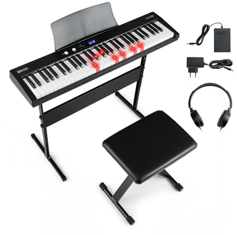 COSTWAY Teclado de Piano Digital de 61 Teclas para Principiantes, Teclado Eléctrico con Soporte Ajustable y Banqueta, 128 Ritmos y 128 Tonos, 80 Demos, Instrumento Musical para Niños y Adultos