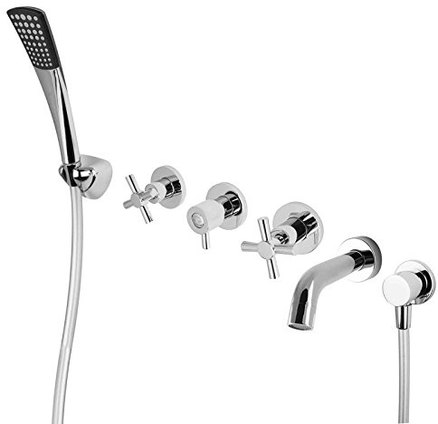PaulGurkes Unterputz Badewannen Mischbatterie Set mit Handbrause Kreuzgriff Zweigriffmischer UP-Armatur für Wanne Wannen Set Komplett mit Wanneneinlauf Wanneneinlass Wandanschluss
