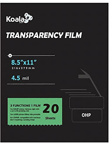 KOALA Transparency Film for Inkjet/Laser Jet Printers - 8.5 x 11 Inch 20 Sheets Printable Transparency Paper for OHP Film Overhead Projector Film or Craft Projects