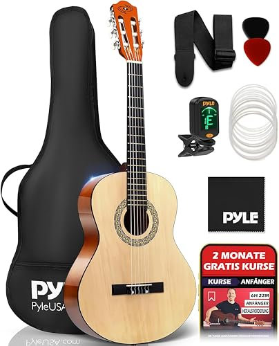 Pyle Classical Acoustic Guitar 91cm -3/4 Junior Size 6 Linden Wood Guitar w/Gig Bag, Tuner, Nylon Strings, Picks, Strap, for Beginners, Adults, Right, Natural Color