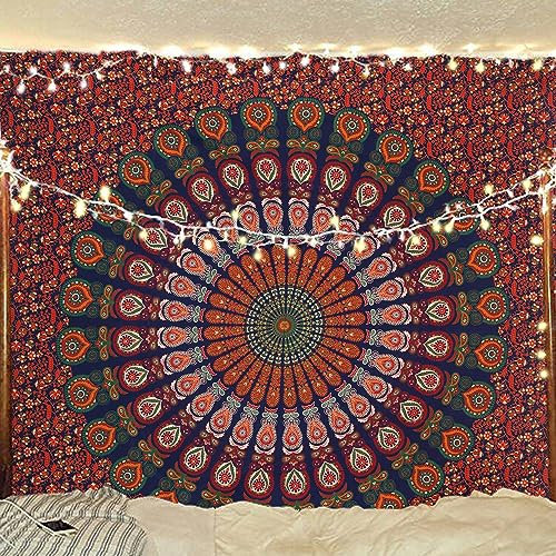 Bless International Handgefertigte indische Mandala-Wanddeko, Boho, psychedelisch, Pfauen, Stranddecke, Tischdecke, Bettüberwurf, Tapisserie, Doppelbett-Größe (Queen), 215 x 230 cm, Gold/Rot/Grün
