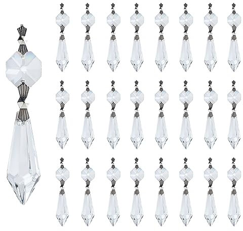 HDCRYSTALGIFTS 20 Stück 38 mm Ersatz klare Kronleuchter Eiszapfen Kristall Prismen Octogan Kristall Perlen für Lampe Dekor, Silber Fliege Verbinder
