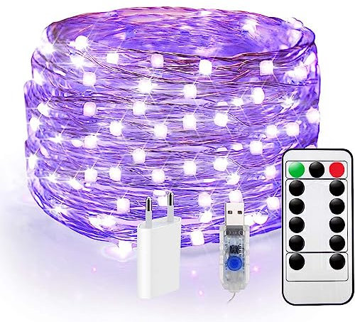 StarryEver 120er LED UV Shwarzlicht, USB Lichterkette Draht Dimmar, 12M UV Licht LED, Lichterkette Innen, 8 Modi Fairy Lights mit Fernbedienung & EU Stecker, Dekorationsbeleuchtung für Valentinstag