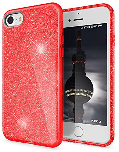NALIA Glitter Cover compatible with iPhone SE 2022 / SE 2020 / iPhone 8 / iPhone 7 Case, Sparkly Bling Silicone Skin Mobile Phone Protector Shockproof Back, Shiny Diamond Bumper Rugged, Color:Red