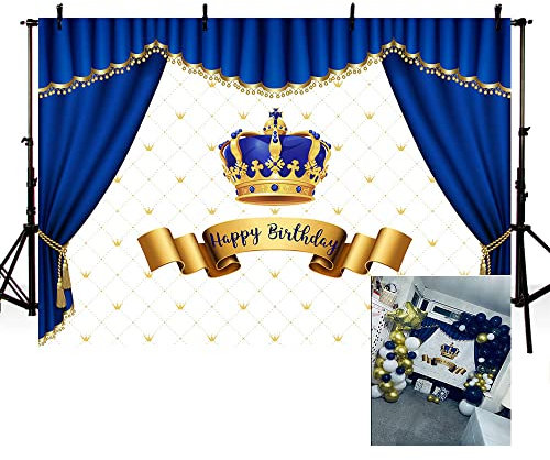 MEHOFOND Fotohintergrund, 2,1 x 1,5 m Königsblau und Gold für Jungen Dekoration kleiner Prinz Krone Fotografie Hintergrund Vorhänge Geburtstagsparty Feier Banner Fotoshooting Studio-Requisiten