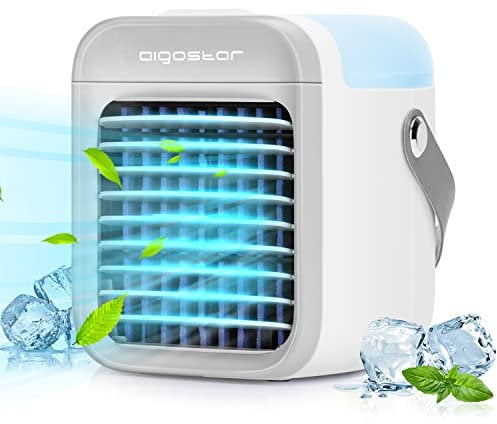 Aigostar Climatiseur Mobile, Mini Ventilateur Refroidisseur d'air Portable avec Poignée. Rechargeable par USB, Sans Fil. 3 Vitesses et Veilleuse 7 Couleurs - Ice Cube