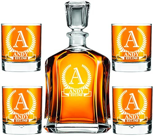 AIGAT Custom Engraved Personalised Decanter Set with 4 Pcs. Whiskey Glasses 270ml, Decanter Size 700ml / 23.75 Oz