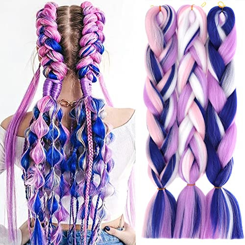 PORSMEER 3 Stücke Jumbo Braid Kunsthaar 24 Zoll 100g Kanekalon Haar Flechten Extensions Für Crochet Twist Flechten Haar Ombre Farbe (Blau/Rosa/Lila/Weiß)