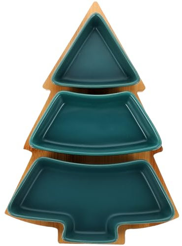 DOITOOL Christmas Ceramic Serving Dish Xmas Tree Snack Appetizer Tray Removable Dessert Platter Porcelain Jewelry Plate with Wooden Base for New Year Holiday Wedding Home Party