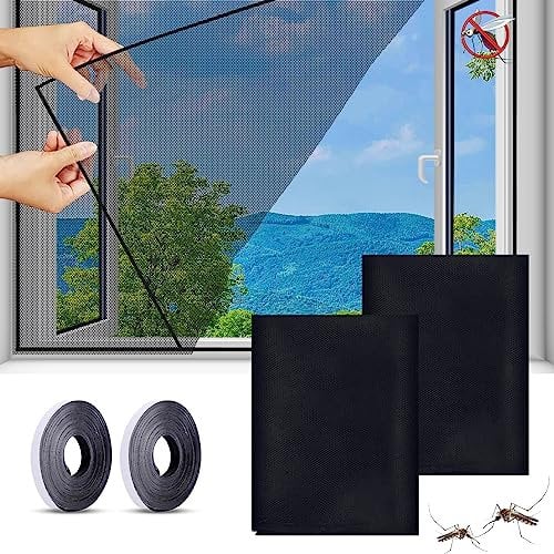 2 Stück Moskitonetze für Fenster, 130 x 150 cm Fliegengitter Fenster, 2 Rollen Selbstklebeband, für Fenster hält Käfer/Mücken Draußen für schützen die Familie vor Insekten (Schwarz)