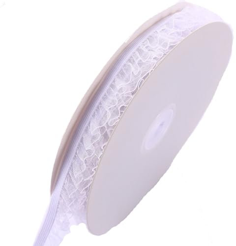 Yurosiay 15 Yard Elastisch Chiffon Rüschenband 1.5cm Breite Oragnza Plissee Spitzenborte Stretch Organza Rüschenborte Plissee Spitzenband zum Nähen Spitzenbordüre für Geschenkbox Weiße
