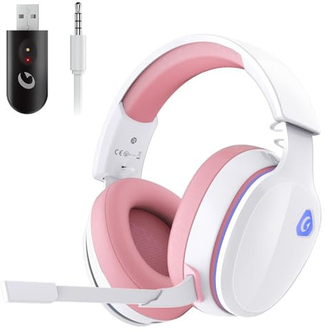 Gvyugke Wireless Gaming Headset,Pink Gaming headphone for PS4 PS5 PC, 2.4Ghz USB Pink Wireless Headset with Microphone Noise Reduction, Bluetooth 5.2 Gaming Headset, Wired Mode for Xbox Serise