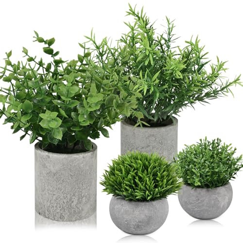 4 Stück Künstliche Pflanzen im Topf, Kleine Kunstpflanze Eukalyptus, Künstliche Pflanzen Plastik wie Echt, Mini Fake Pflanzen für Badzimmer Wohnzimmer Fensterbank Schreibtisch Innen Deko