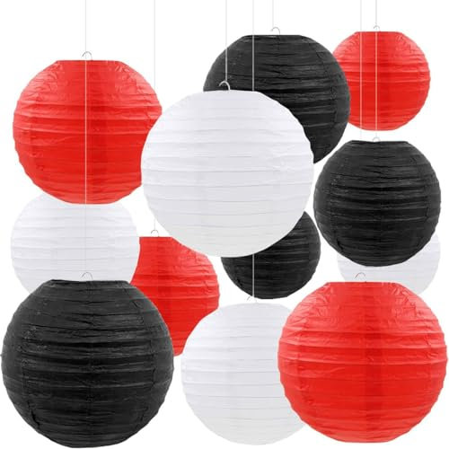CC wonderland zone 12 Stück Papier Lampions Schwarzer Rot Weiß,Runde Papierlaterne Papier Laterne für Lampenschirm Deko,Hochzeitsdekorationen, Geburtstagsfeier,Gartenparty Deko