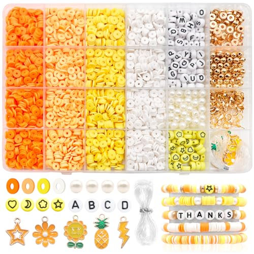 Dotilili 3164 Stück Polymer Clay Perlen Set Orange Gelb, 6mm Heishi Perlen Zum Auffädeln Armbänder Selber Machen mit Buchstaben Perlenset Clay Beads für DIY Armband Halskette Ohrringe Kette Schmuck